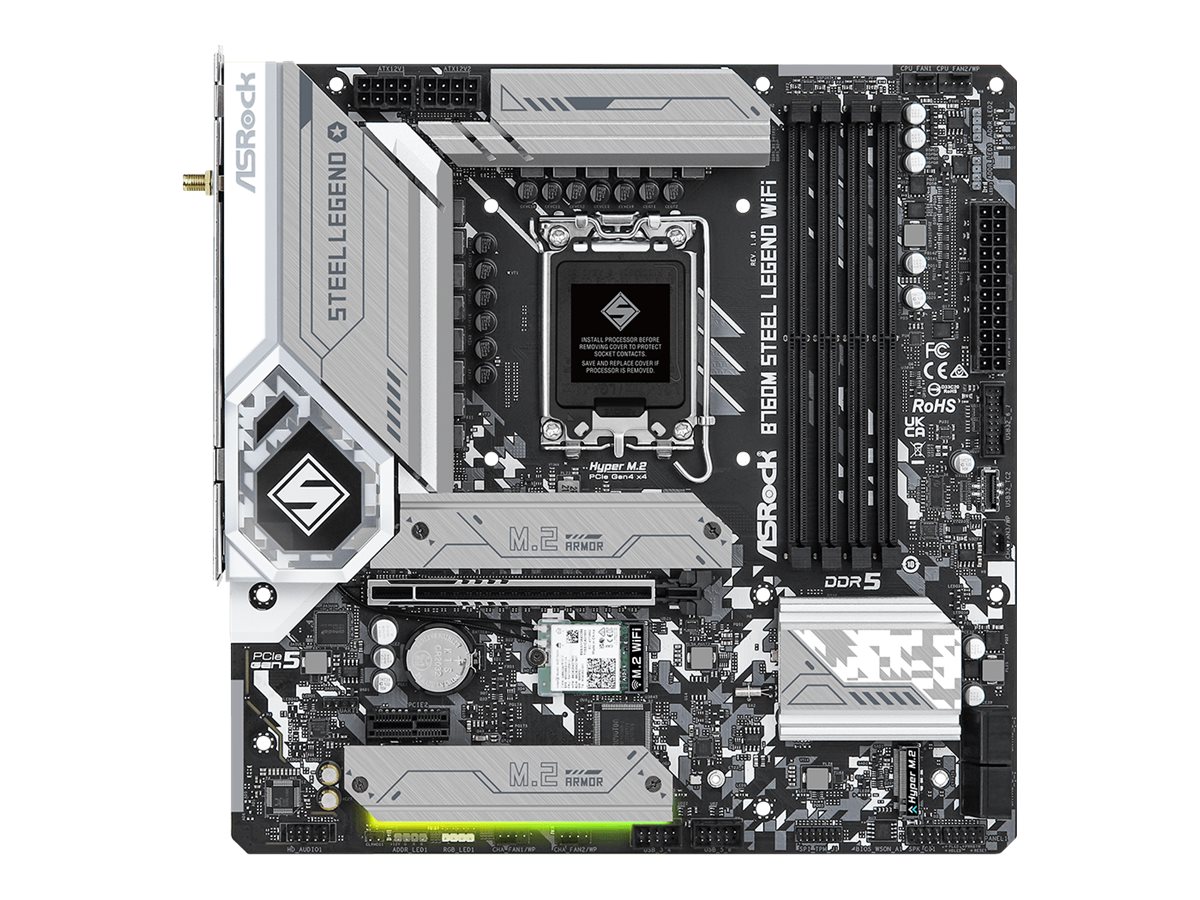 ASRock B760M Steel Legend WiFi - Motherboard - micro ATX - LGA1700 Sockel - B760 Chipsatz - USB-C 3.2 Gen2, USB 3.2 Gen 2, USB 3.2 Gen 1 - 2.5 Gigabit LAN, Wi-Fi 6E, Bluetooth - Onboard-Grafik (CPU erforderlich)