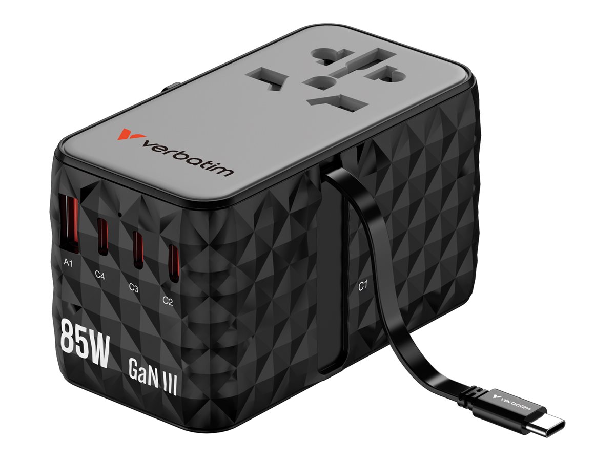 Verbatim Charge n Travel - Netzteil - GaN III, universell - 85 Watt - 10 A - Power Delivery 3.0 + PPS, QC 4.0, Power Delivery 3.1, QC 4.0+ - 4 Ausgabeanschlussstellen (USB-C, USB)