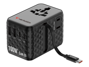Verbatim Charge n Travel - Netzteil - GaN III, universal, with retractable USB-C cable - 100 Watt - 10 A - QC 4.0+, QC 3.0, Fast Charge, Power Delivery 3.0 + PPS, USB BC 1.2, Apple Fast Charge - 5 Ausgabeanschlussstellen (3 x USB-C, 2 x USB)