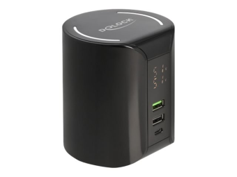 Delock Ladeschale für induktives Laden  Netzteil - 58 Watt - 3 A - Fast Charge, PD - 3 Ausgabeanschlussstellen (2 x USB, 24 pin USB-C)