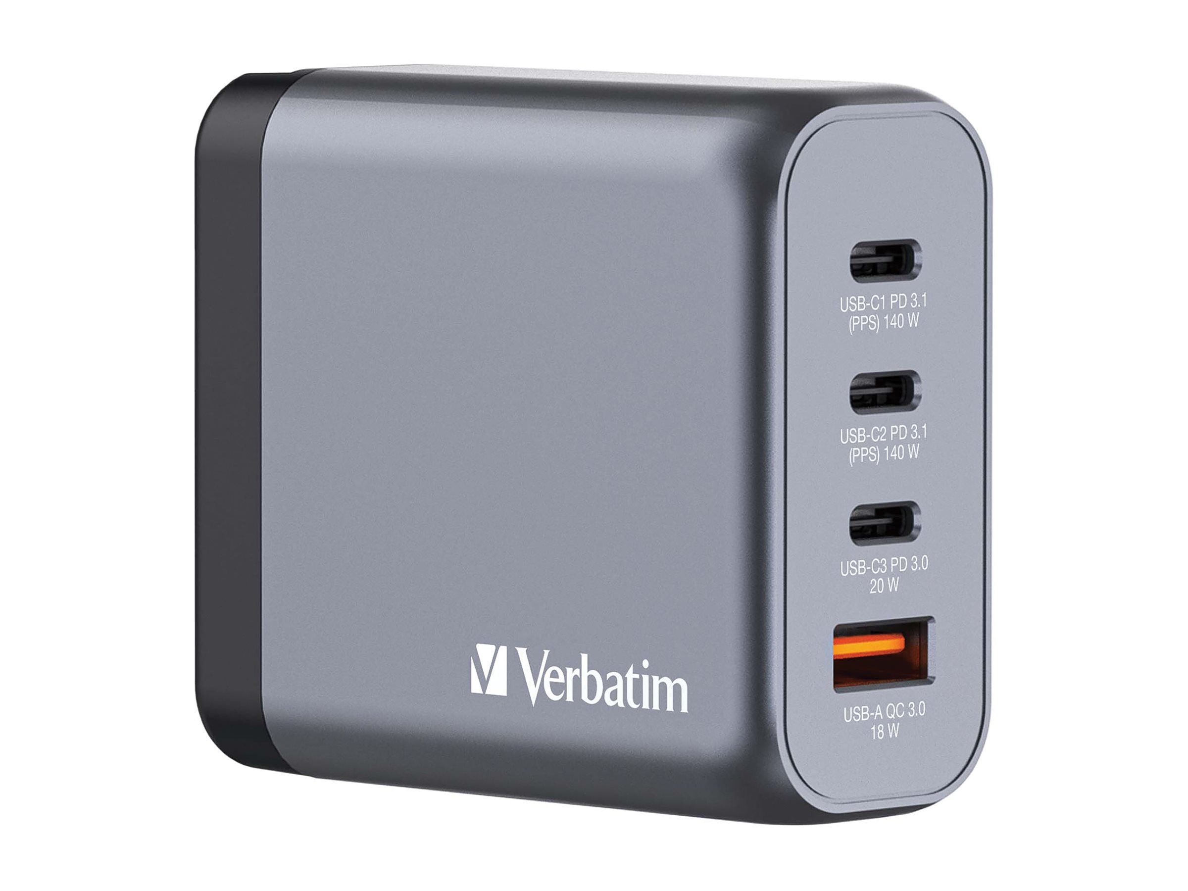 Verbatim Netzteil - GaN - 140 Watt - 5 A - PD 3.0, Power Delivery 3.1, QC 3.0, PDPPS - 4 Ausgabeanschlussstellen (3 x USB-C, USB)