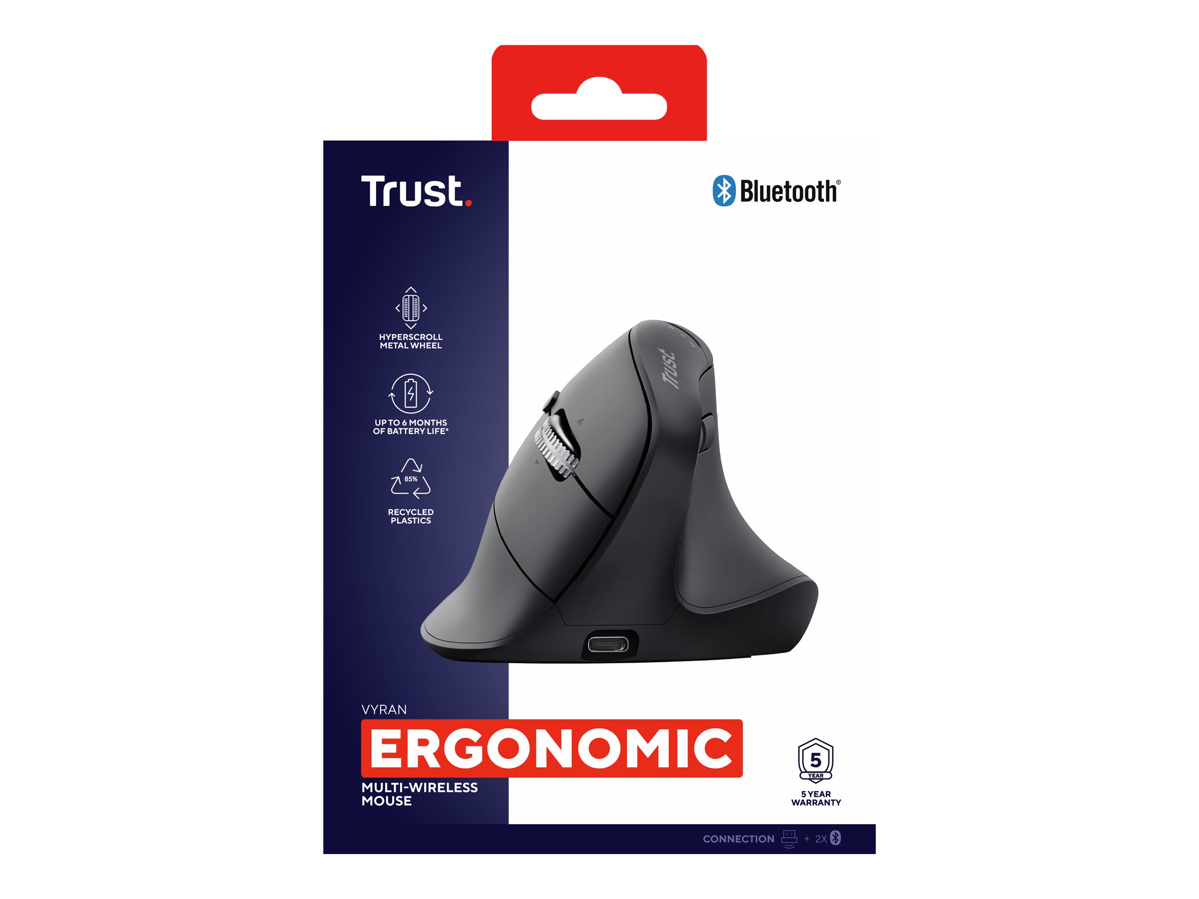 Trust Vyran - Vertikale Maus - ergonomisch - Für Rechtshänder - optisch - 8 Tasten - kabellos - 2.4 GHz, Bluetooth - kabelloser Empfänger (USB)