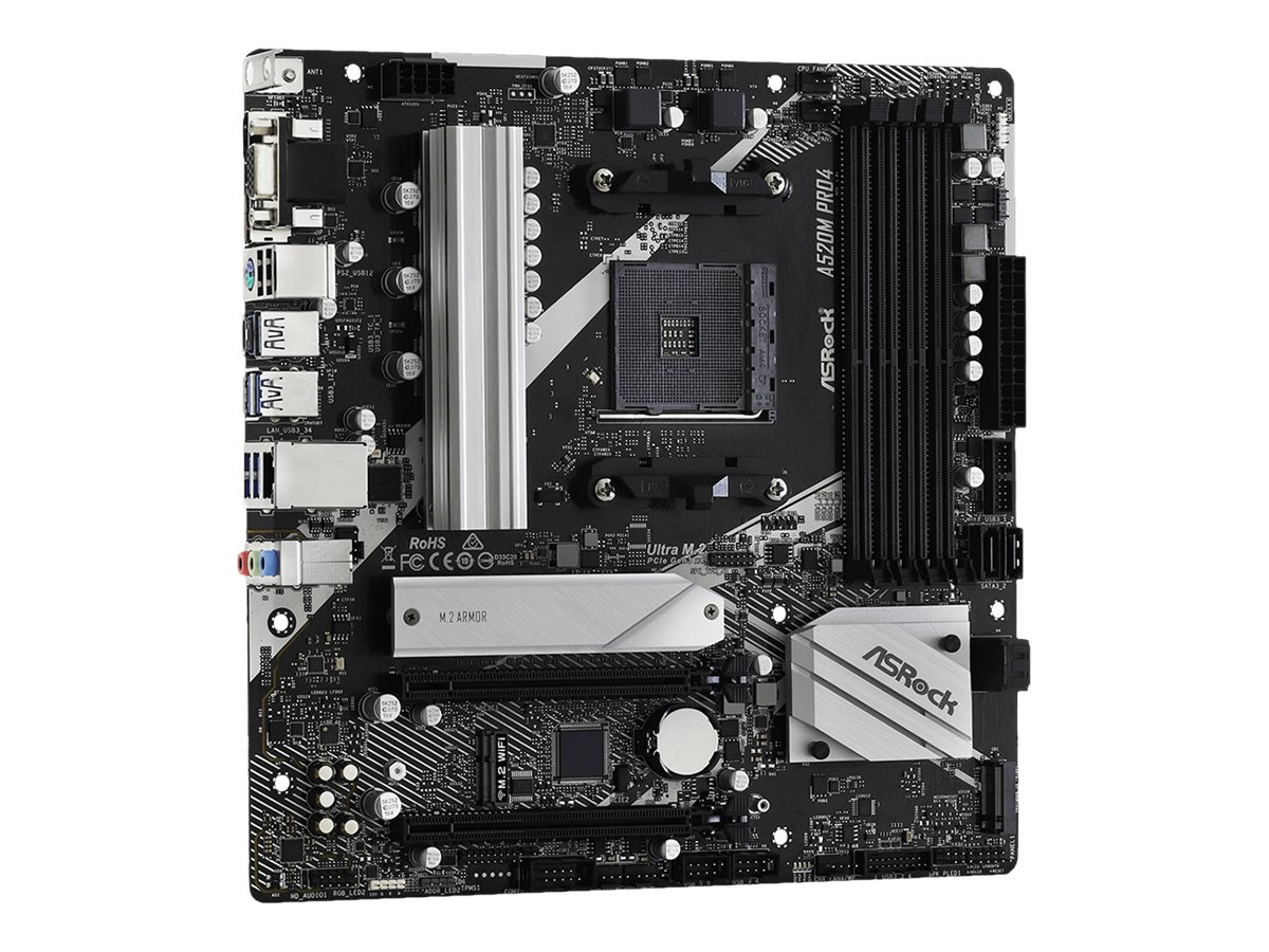 ASRock A520M Pro4 - Motherboard - micro ATX - Socket AM4 - AMD A520 Chipsatz - USB 3.2 Gen 1, USB-C Gen1 - Gigabit LAN - Onboard-Grafik (CPU erforderlich)