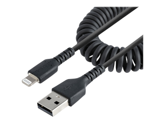 StarTech.com 1m USB auf Lightning Kabel, Spiralkabel, MFi zertifiziert, Schnellladekabel für iPhoneiPad, Schwarz, robuster TPE Mantel mit Aramidfaser, USB 2.0 Kabel (RUSB2ALT1MBC)