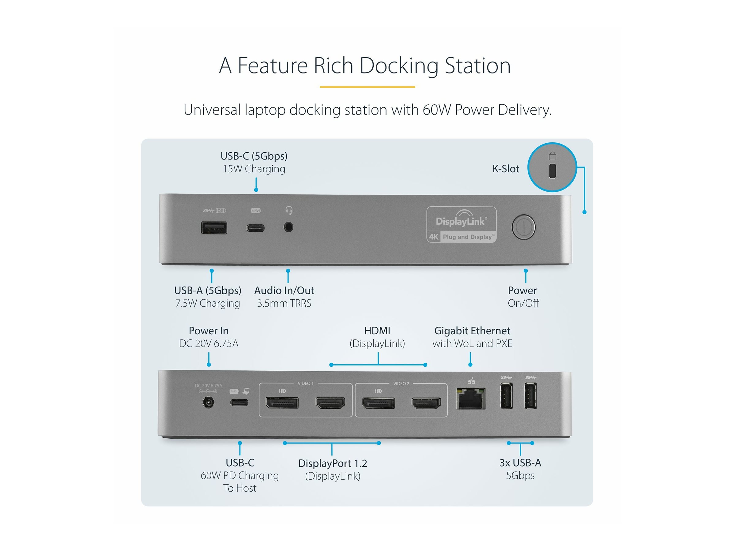 StarTech.com USB-A & USB-C Docking station - Hybrid Universal Laptop Dockingstation für zwei Monitoren 4K60Hz HDMI & DP - USB 3.1 Hub, GbE - 60W Power Delivery - Windows, Mac & Chrome (DK30C2DPPDUE)