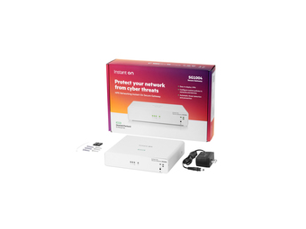 "HPE Networking Instant On Secure SG1004. Produktfarbe Weiß, Befestigungstyp Tisch-Wandmontage, LED-Anzeigen LAN, WAN. Prozessortaktfrequenz 2000 MHz, Speicherkapazität 2048 MB, Flash-Speicher 4096 MB. Ethernet LAN Datentransferraten 10,100,1000 M