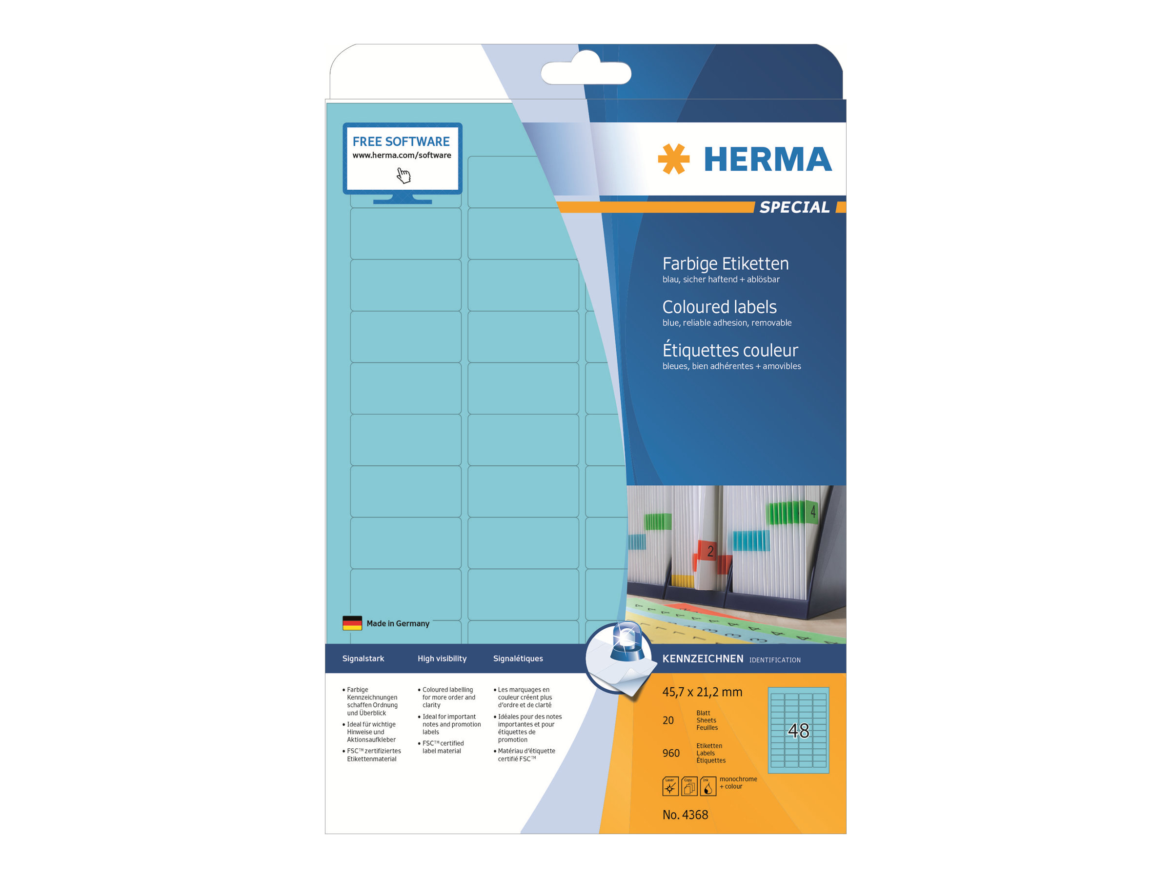 HERMA Special - Papier - matt - permanent selbstklebend - Blau - 45.7 x 21.2 mm 960 Etikett(en) (20 Bogen x 48)