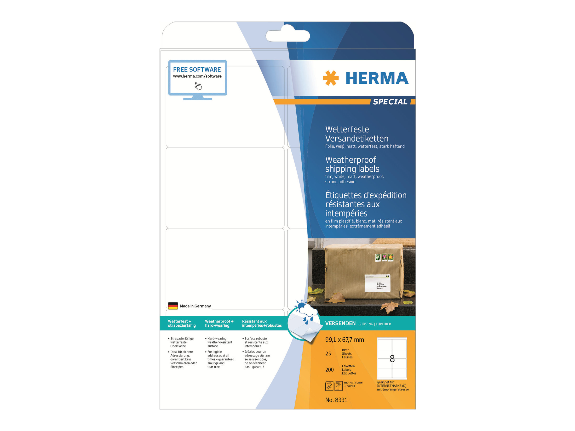 HERMA Special - Polyester - matt - extra stark selbstklebend - weiß - 99.1 x 67.7 mm 200 Etikett(en) (25 Bogen x 8)