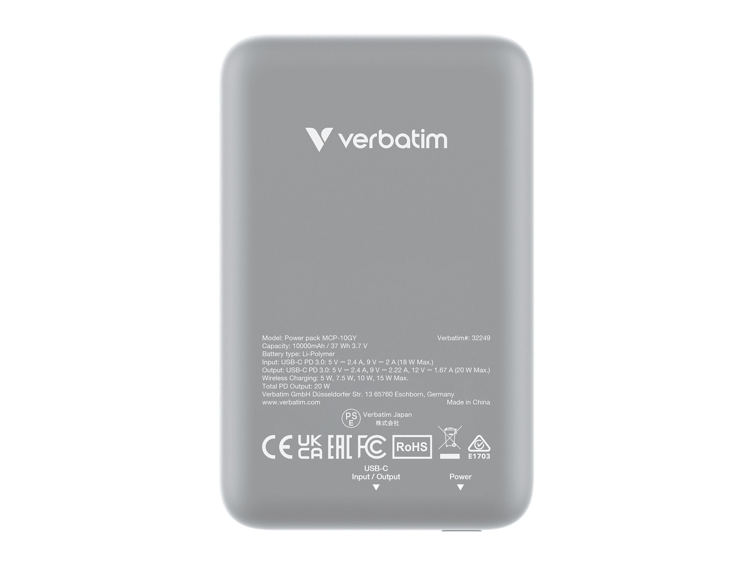 Verbatim Charge n Go - Induktive Power Bank - Magnethalterung - Li-Pol - 10000 mAh - 20 Watt - 2.4 A - Apple Fast Charge, PD 3.0, QC 3.0, Apple 2.4A, USB BC 1.2 (24 pin USB-C)