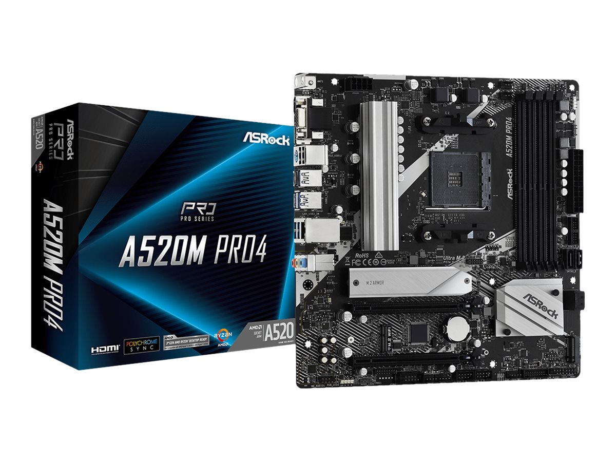ASRock A520M Pro4 - Motherboard - micro ATX - Socket AM4 - AMD A520 Chipsatz - USB 3.2 Gen 1, USB-C Gen1 - Gigabit LAN - Onboard-Grafik (CPU erforderlich)