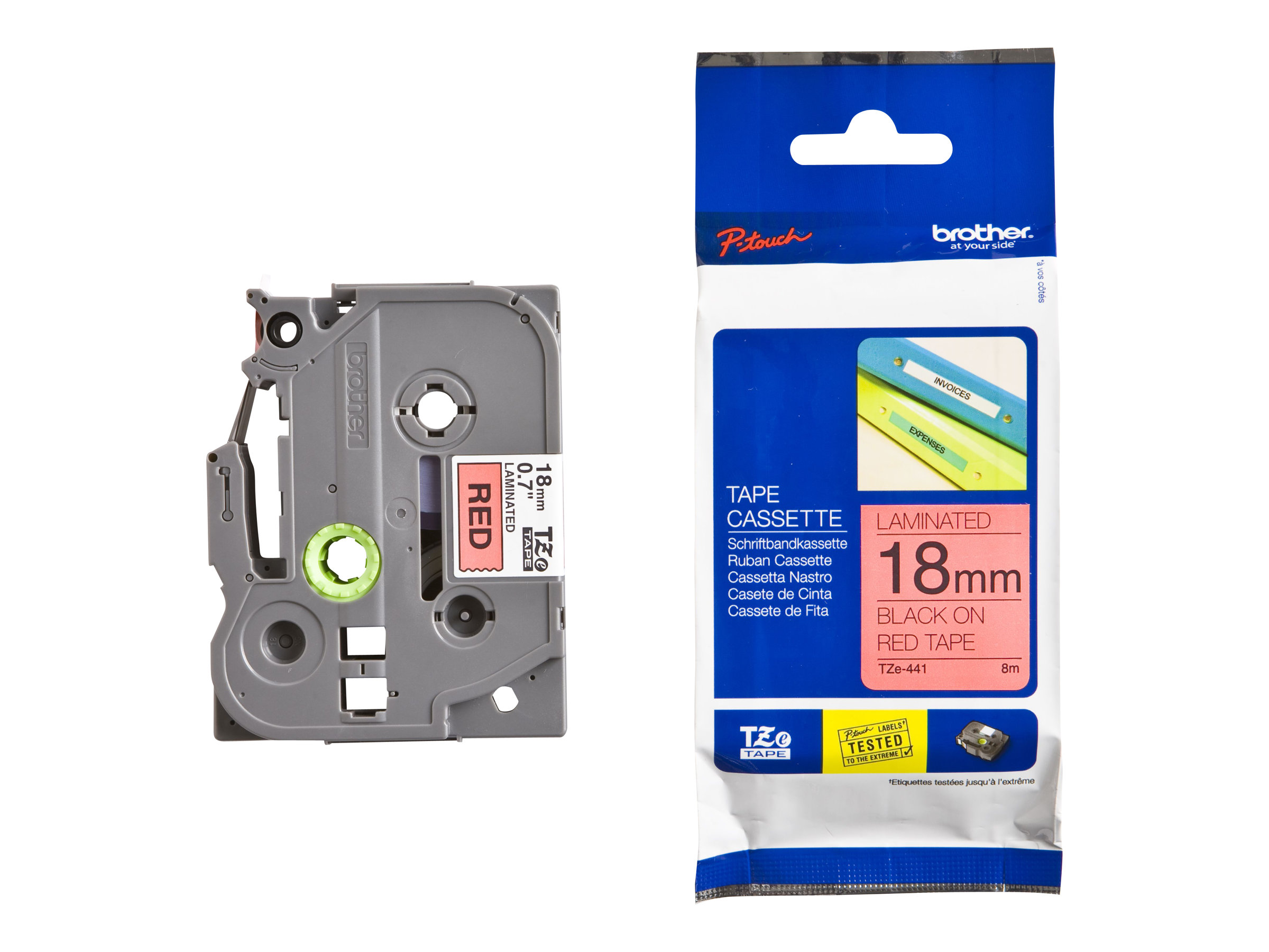 Brother TZe-441 - Standard-Klebstoff - schwarz auf rot - Rolle (1,8 cm x 8 m)