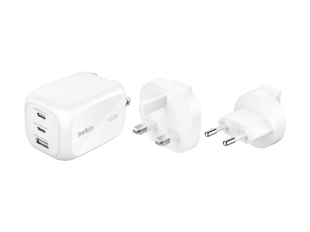 Belkin BoostCharge Pro - Netzteil - GaN - 100 Watt - PD 3.1PPS - 3 Ausgabeanschlussstellen (2 x USB-C, USB)
