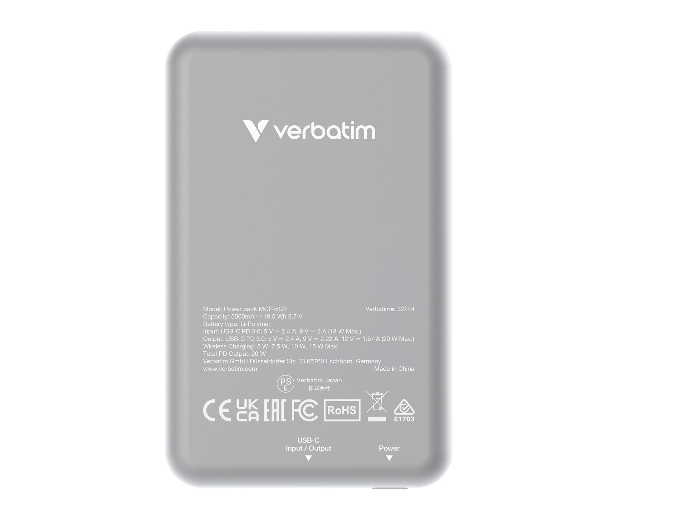 Verbatim Charge n Go - Induktive Power Bank - Magnethalterung - Li-Pol - 5000 mAh - 20 Watt - 2.4 A - Apple Fast Charge, PD 3.0, QC 3.0, Apple 2.4A, USB BC 1.2 (24 pin USB-C)