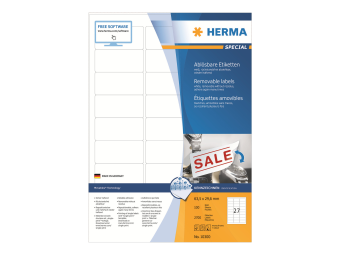 HERMA Special - Papier - matt - selbstklebend entfernbarer Klebstoff - weiß - 63.5 x 29.6 mm 2700 Etikett(en) (100 Bogen x 27)