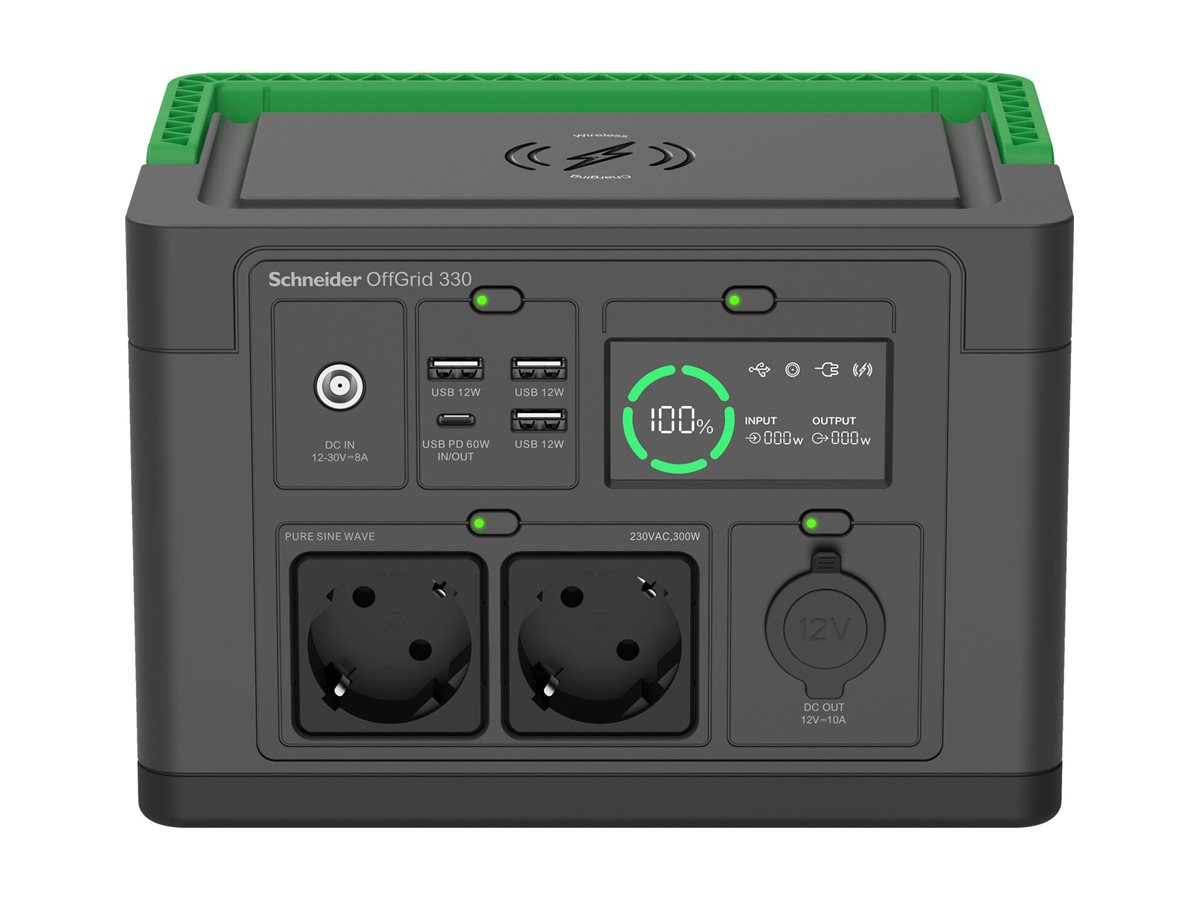 APC Schneider OffGrid 330 - Tragbares kraftwerk - LCD, Lithium-Ionen, 2 CEE 73 Schuko-Steckdosen, Sinuswelle, 3 USB-A, 1 USB-C, kabelloses Laden