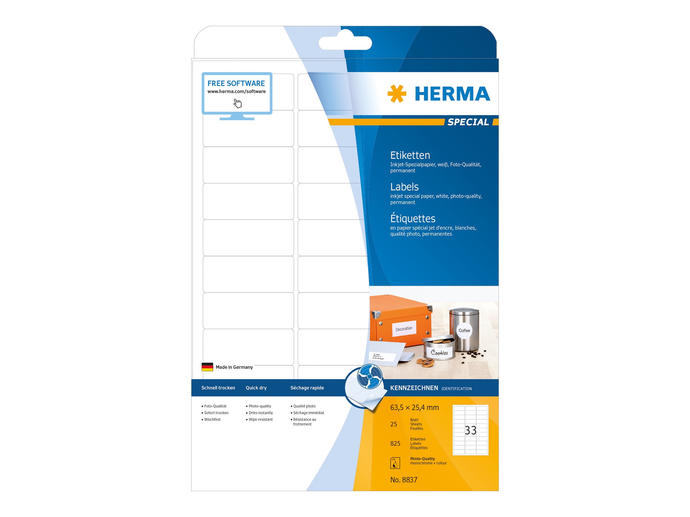 HERMA Special - Papier - matt - permanent selbstklebend - beschichtet - weiß - 63.5 x 25.4 mm - 90 gm² - 825 Etikett(en) (25 Bogen x 33)