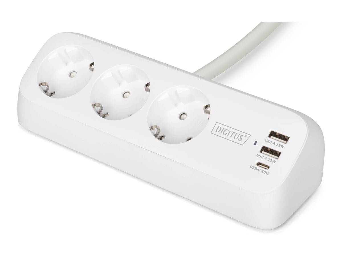 DIGITUS 3-fach Office-Steckdosenleiste mit 2x USB-A und 1x USB-C Anschlüssen, Weiß